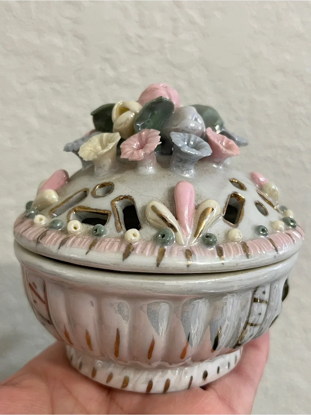 Vintage Porcelain Round Trinket Dresser Box with Applied Flowers Iridescent